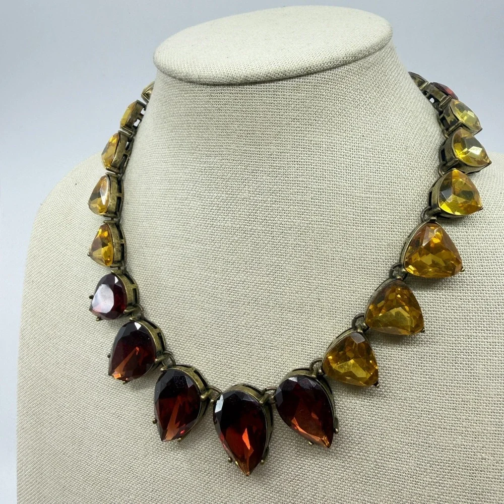 Amber & Gold Tone Red Facet Teardrop Acrylic Antiqued Chunky Statement Necklace